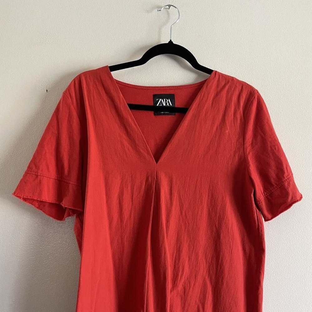 Zara Women L Red Cotton Short Sleeve Raw Hem Pullover V-Neck Shift Dress - Picture 5 of 10